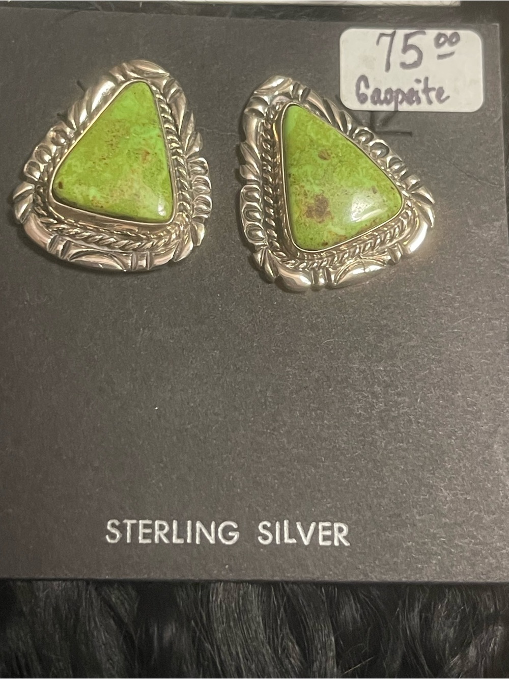 NEW Native American Gaspeite Sterling Clip Earrings Elegant Triangle